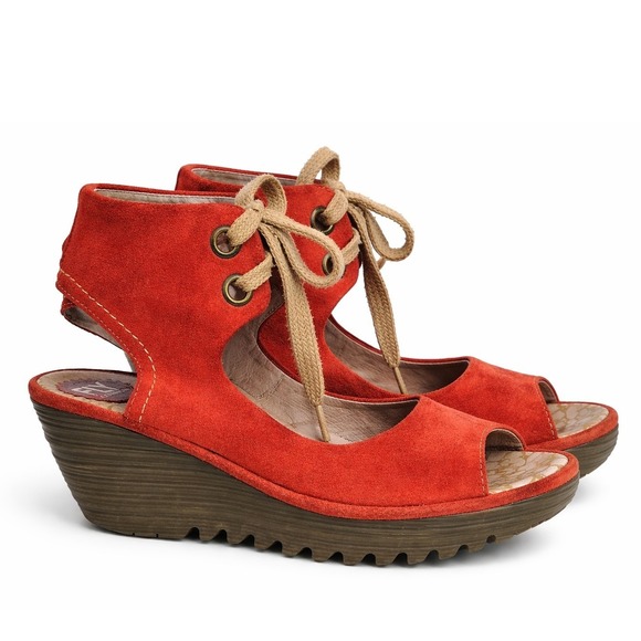 Fly London Shoes - Fly London Yaffa EU 40 US 9 to 9.5 Red Suede Lace Up Wedge Platform Sandals